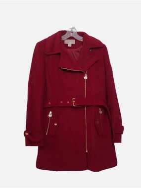 Michael Kors Deep Red Wool Belted Trench Coat with Gold Hardware
